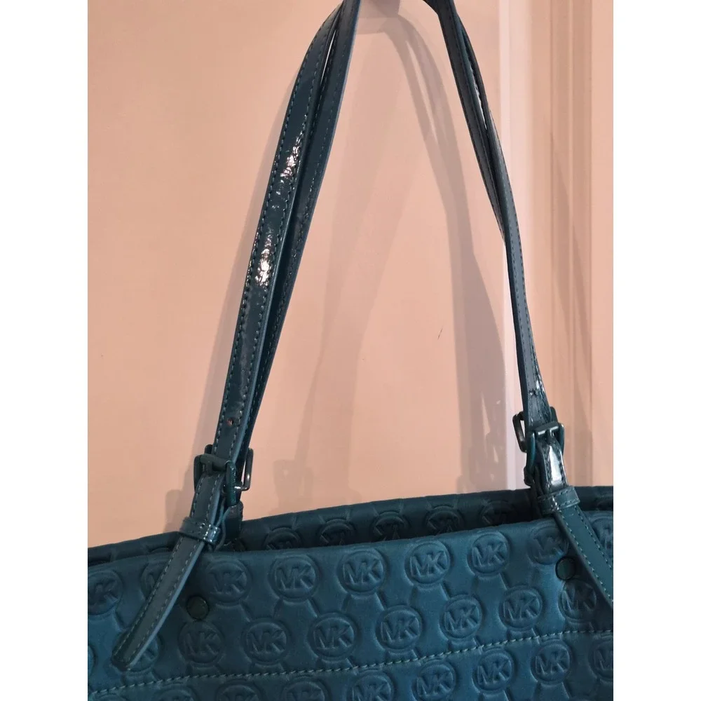 Michael Kors Teal Embossed MK Logo Canvas Tote Bag Patent Leather‎ Trim Est 1981